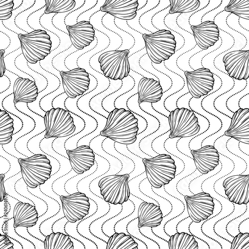 Black and white sea shells on a dotted wavy background. Vector seamless pattern.