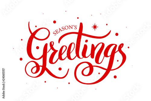 Season's Greetings brush calligraphy vector banner. Lettering winter frosty card red text on isolated background. Christmas posters, cards, headers, website