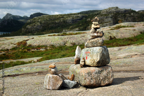 Stone cairn on a way to Preikestolen mountain, Norway