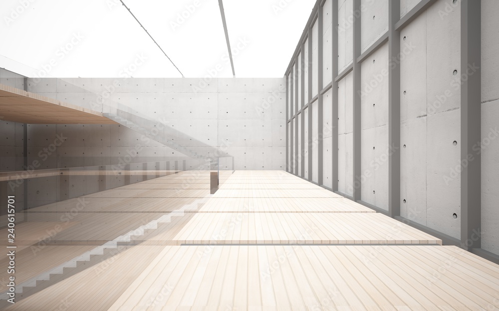 Fototapeta premium Abstract concrete and wood interior multilevel public space with window. 3D illustration and rendering.