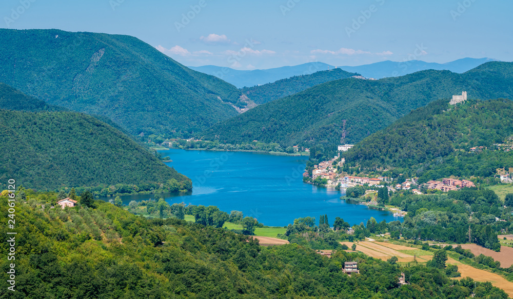 Panoramic sight of the Piediluco Lake as seen from Labro. Province of Rieti, Lazio, Italy.