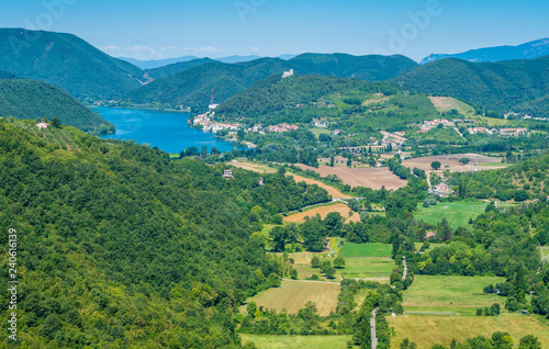 Panoramic sight of the Piediluco Lake as seen from Labro. Province of Rieti, Lazio, Italy.