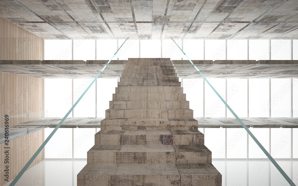 Obraz premium Abstract concrete and wood interior multilevel public space with window. 3D illustration and rendering.