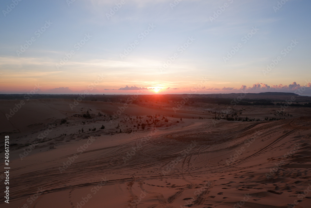 beautiful sunrise, sunset in desert,  white sand dune