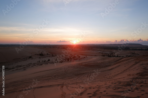 beautiful sunrise, sunset in desert, white sand dune