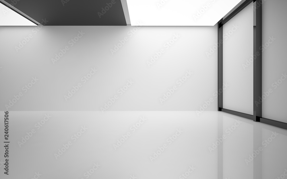 Abstract white and black interior multilevel public space with neon lighting. 3D illustration and rendering. Abstract white and black interior multilevel public space with neon lighting. 3D illustration and rendering.