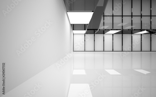 Abstract white and black interior multilevel public space with neon lighting. 3D illustration and rendering.