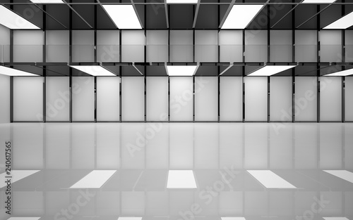 Abstract white and black interior multilevel public space with neon lighting. 3D illustration and rendering.