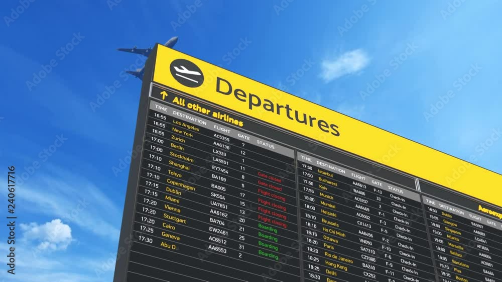 Airport departure board with flight information for passengers, plane