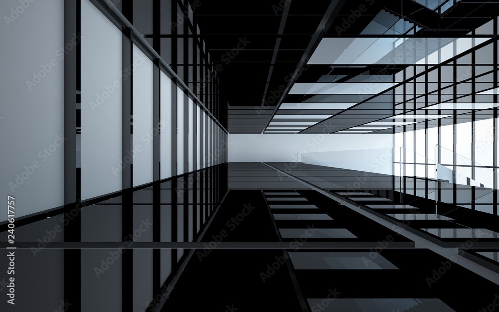 Abstract white and black interior multilevel public space with window. 3D illustration and rendering. Abstract white and black interior multilevel public space with window. 3D illustration and rendering.