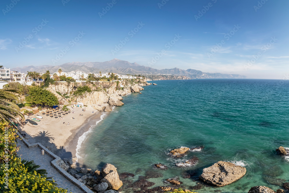 Aerial view of  touristic town Nerja in Costa del Sol in winter from 