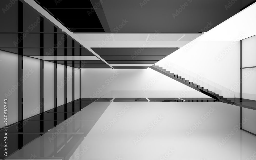 Obraz premium Abstract white and black interior multilevel public space with window. 3D illustration and rendering.