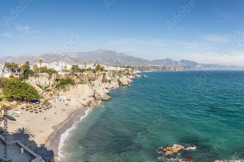 Aerial view of  touristic town Nerja in Costa del Sol in winter from 