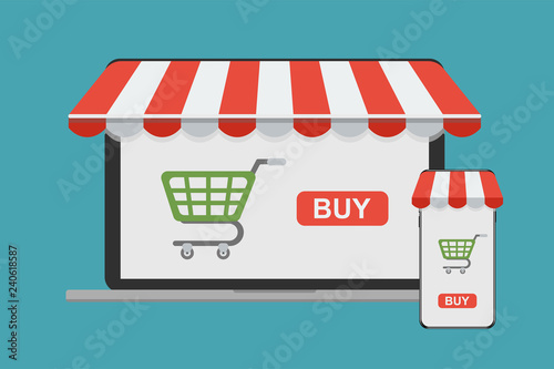 The concept of online shopping, online store, buying online store through a laptop computer. laptop computer with awning. Vector illustration.