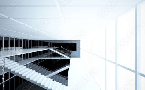 Abstract white and black interior multilevel public space with window. 3D illustration and rendering.