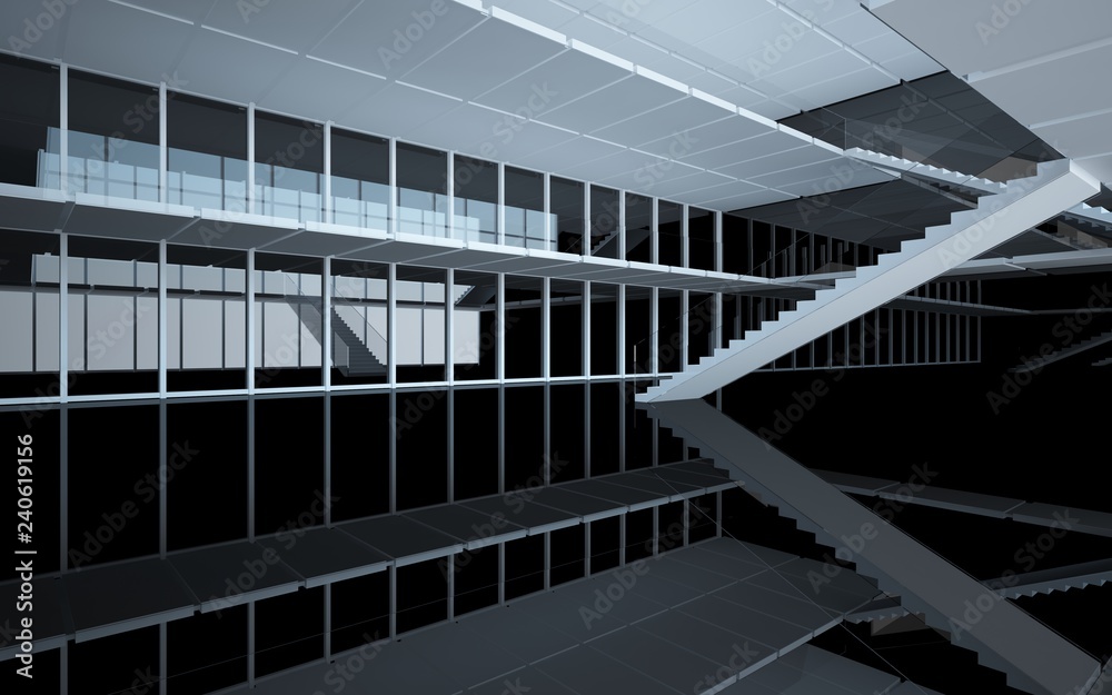 Obraz premium Abstract white and black interior multilevel public space with window. 3D illustration and rendering.