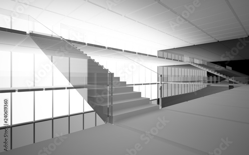 Abstract white and black interior multilevel public space with window. 3D illustration and rendering.