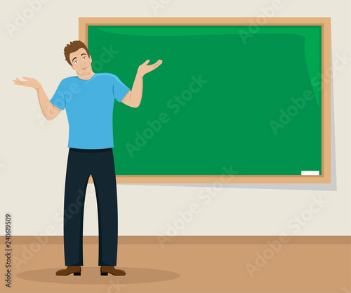 Surprised young man shrugs in the classroom at the blackboard. Flat isolated illustration..