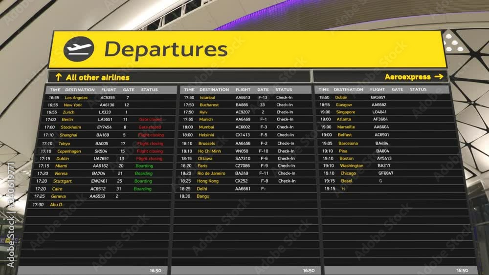Passenger's point of view at airport departure board with flight