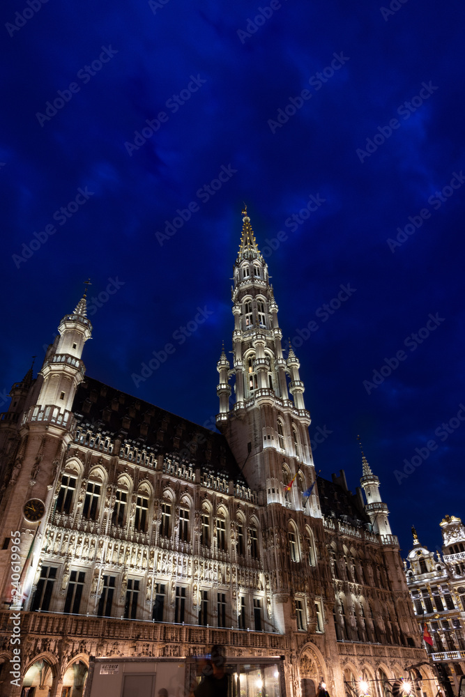 cityscape of iluminated Brussels City Hall on the blue hour. Belgium