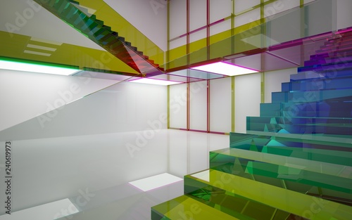 Abstract white and colored gradient glasses interior multilevel public space with window. 3D illustration and rendering.