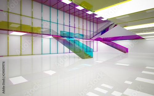 Abstract white and colored gradient glasses interior multilevel public space with window. 3D illustration and rendering.