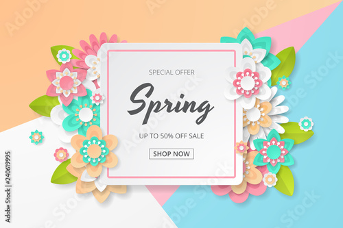 Spring sale background with beautiful colorful flower. Can be used for template, banners, wallpaper, flyers, invitation, posters, brochure, voucher discount. Vector illustration