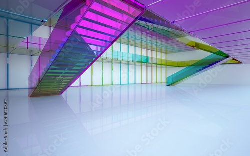 Abstract white and colored gradient glasses interior multilevel public space with window. 3D illustration and rendering.