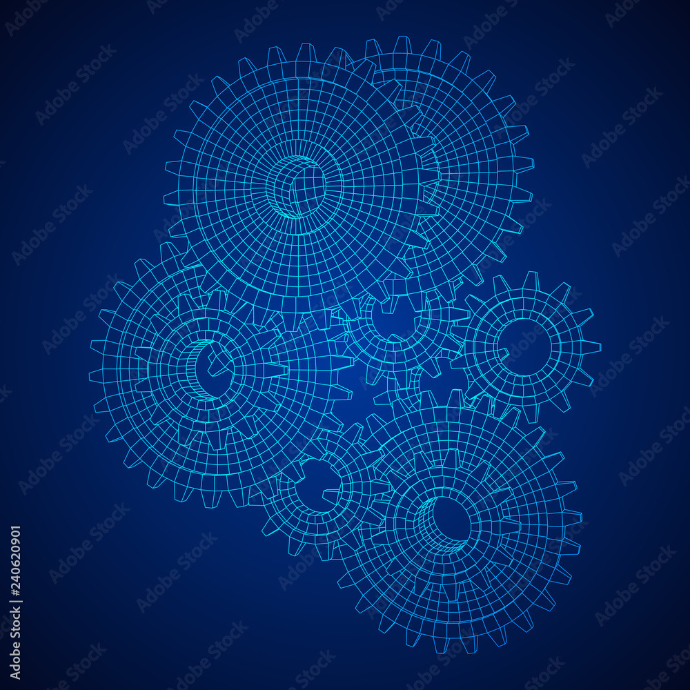 Gears. Mechanical technology machine engineering symbol. Industry development, engine work, business solution concept. Wireframe low poly mesh vector illustration