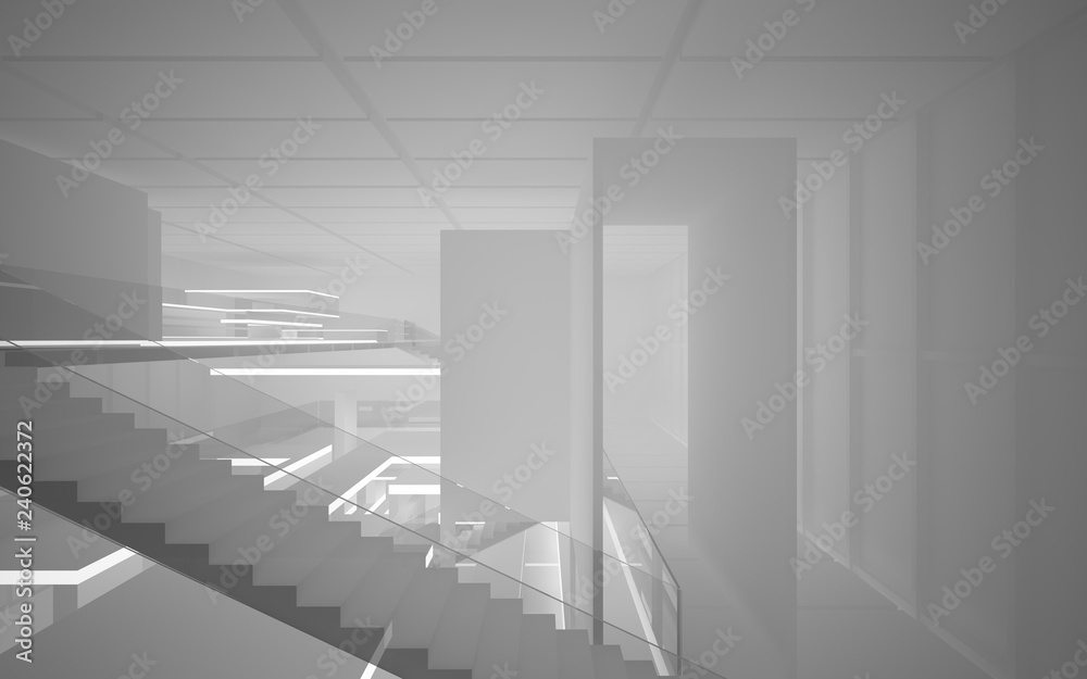 Abstract white interior multilevel public space with neon lighting. 3D illustration and rendering. Abstract white interior multilevel public space with neon lighting. 3D illustration and rendering.