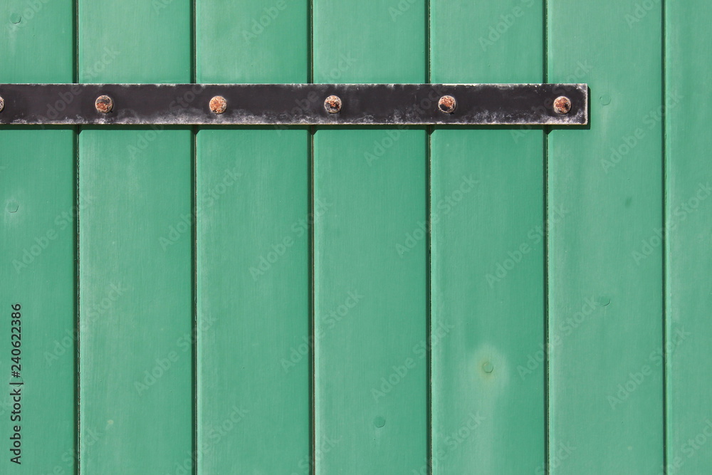 Painted green wooden door with a black metal hinge, background texture