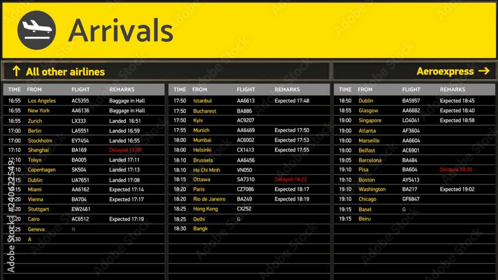 Airport arrivals board, information for passengers updating, transportation. Destinations, flight status, boarding gates info change on screen