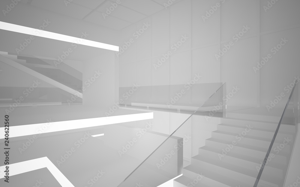 Abstract white interior multilevel public space with neon lighting. 3D illustration and rendering. Abstract white interior multilevel public space with neon lighting. 3D illustration and rendering.