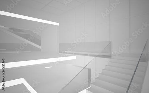 Abstract white interior multilevel public space with neon lighting. 3D illustration and rendering.