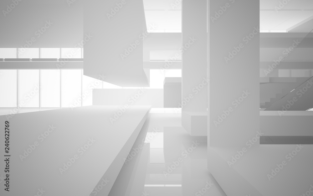 Abstract white interior multilevel public space with window. 3D illustration and rendering.