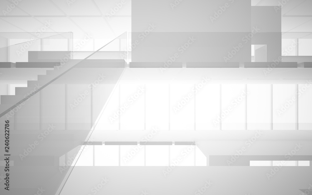 Abstract white interior multilevel public space with window. 3D illustration and rendering. Abstract white interior multilevel public space with window. 3D illustration and rendering.