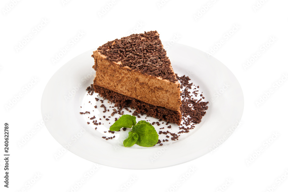 piece of chocolate sponge cake on a white plate piece of chocolate sponge cake on a white plate