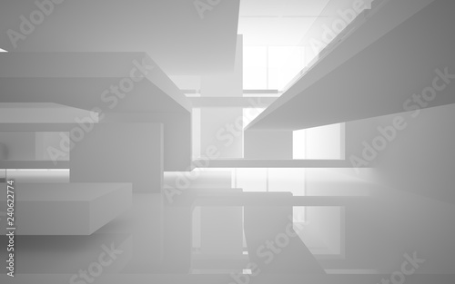 Abstract white interior multilevel public space with window. 3D illustration and rendering.