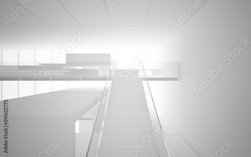 Abstract white interior multilevel public space with window. 3D illustration and rendering.