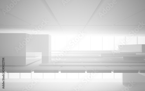 Abstract white interior multilevel public space with window. 3D illustration and rendering.