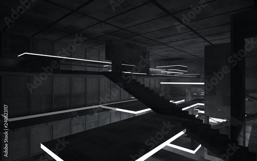 Abstract  concrete interior multilevel public space with neon lighting. 3D illustration and rendering.