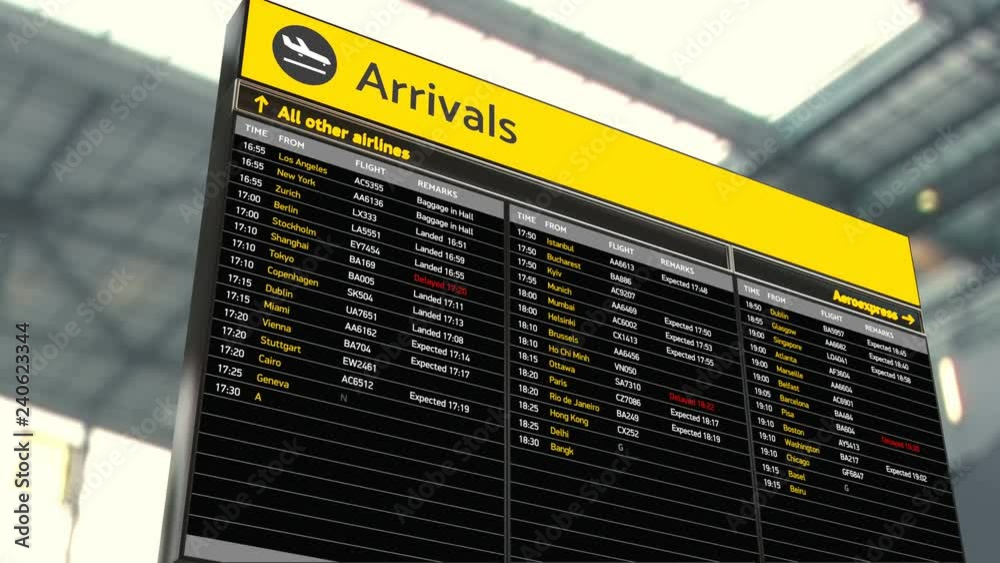 Passenger's pov at airport arrival board, flight information updating real time. Destinations, flight status, boarding gates info change on screen