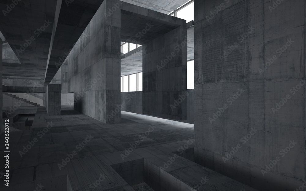 Abstract  concrete interior multilevel public space with window. 3D illustration and rendering.