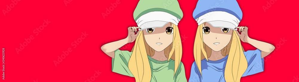 Anime Girl and Another Cute Anime Girl with Blonde Hair in Green and Blue Clothes. 2 Anime Characters standing confidently in front of a red background with a Smile Stock Illustration | Anime Girl and Another Cute Anime Girl with Blonde Hair in Green and Blue Clothes. 2 Anime Characters standing confidently in front of a red background with a Smile Stock Illustration |