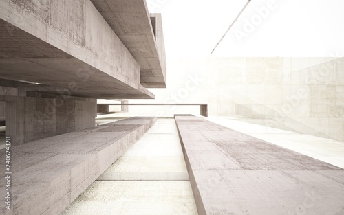 Abstract concrete interior multilevel public space with window. 3D illustration and rendering.
