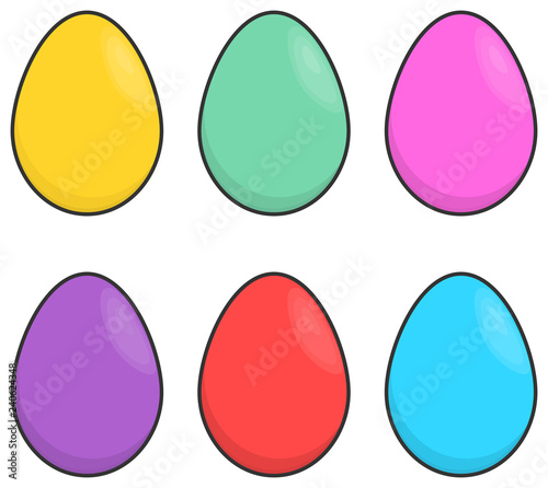 Set of simple colorful Easter eggs. Vector illustration. Dyed eggs: yellow, green, pink, violet, red and blue egg.