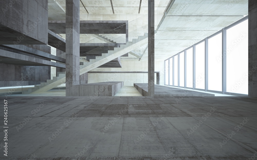 Abstract concrete interior multilevel public space with window. 3D illustration and rendering. Abstract concrete interior multilevel public space with window. 3D illustration and rendering.