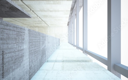 Abstract concrete interior multilevel public space with window. 3D illustration and rendering.