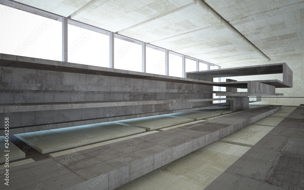 Obraz premium Abstract concrete interior multilevel public space with window. 3D illustration and rendering.