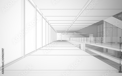 Abstract drawing white interior multilevel public space with window. 3D illustration and rendering.